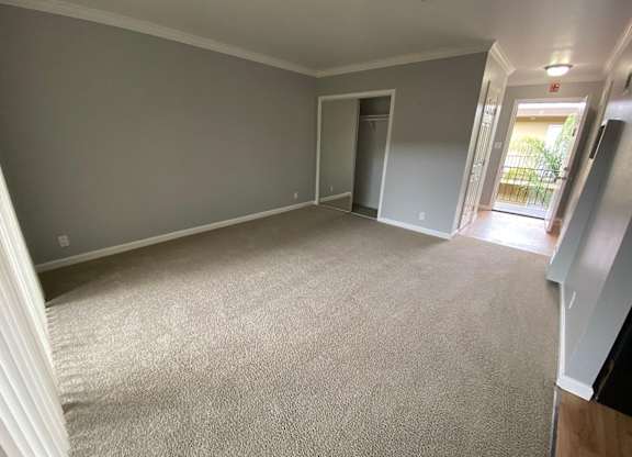 A spacious room with grey carpeting and white walls.