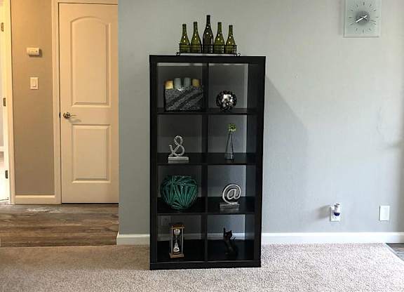 A black bookshelf with various items on it sits in a room with a white door.