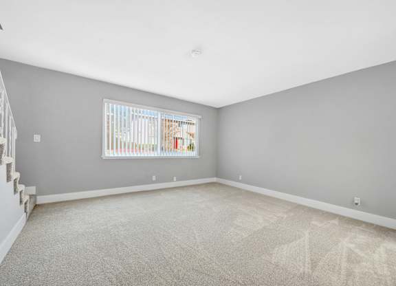 A room with a carpeted floor and a window with blinds.