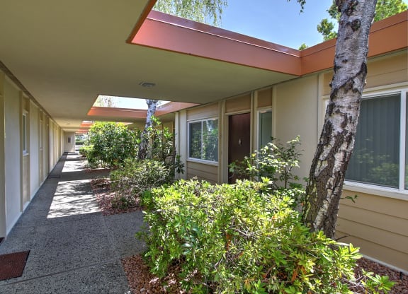 A long hallway with a red awning and a tree on the side.