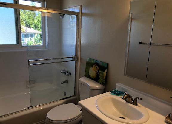 A bathroom with a toilet, sink, and shower.