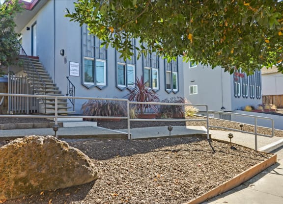 a house with a rock and a tree in front of it