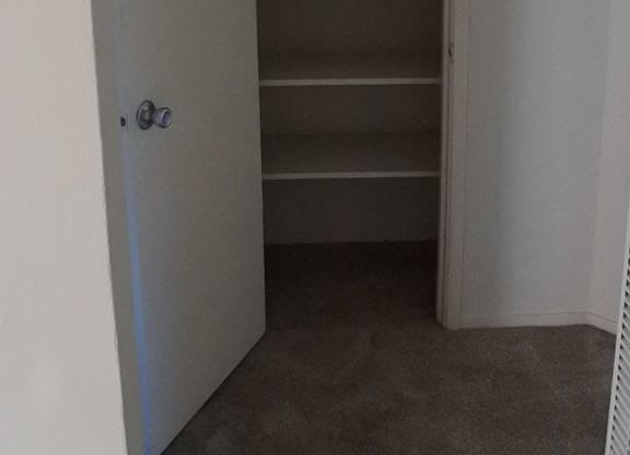 A white door with a silver handle is open to a hallway with a carpeted floor.