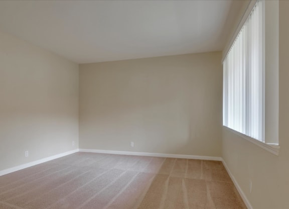 an empty room with a large window and carpet