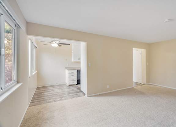 A room with a carpeted floor and a ceiling fan.