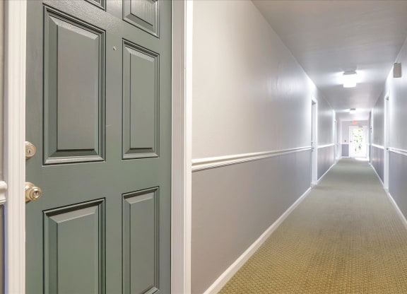 a empty hallway with a green door and a carpeted floor