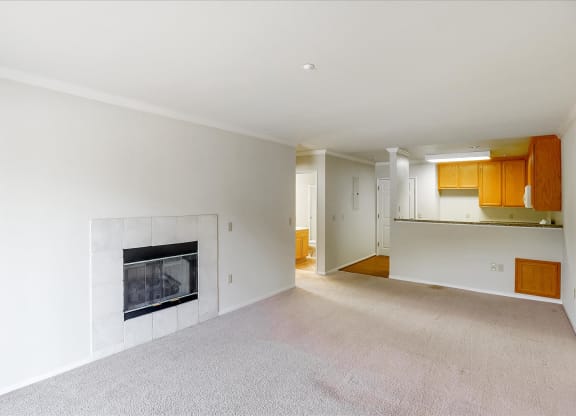 A large, empty living room with a fireplace and a kitchen in the background.