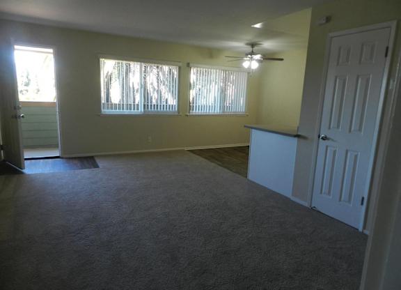 A room with a carpeted floor and a ceiling fan.