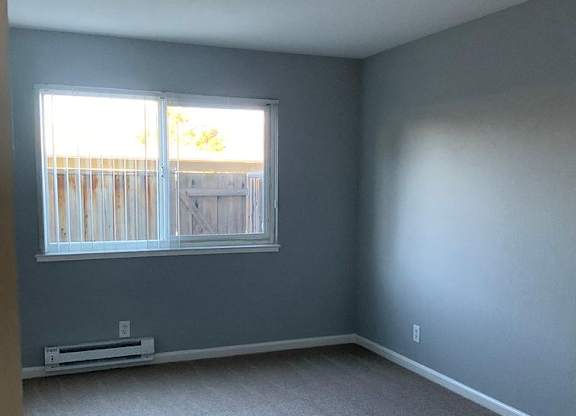 A room with a window and a carpeted floor.