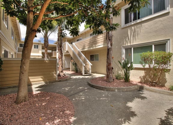 the pathway to the entrance of a building with trees and a staircase