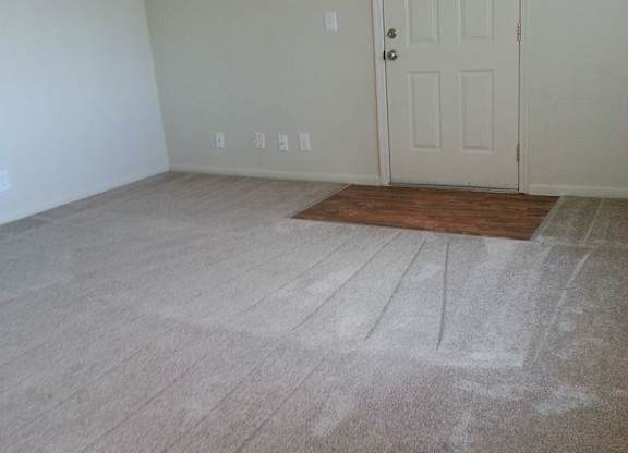 A room with a white door and a rug on the floor.