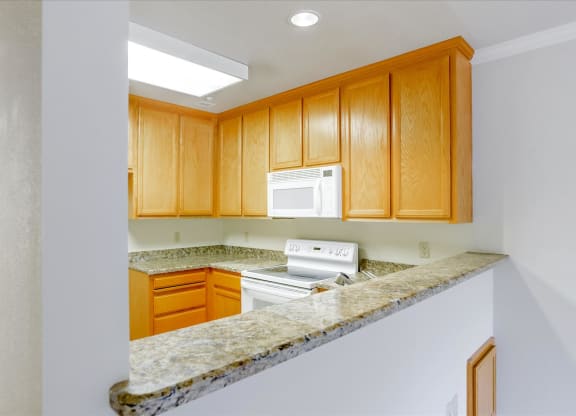 A kitchen with wooden cabinets and a granite countertop.