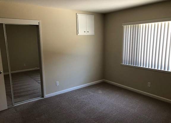 A room with a carpeted floor, a window with blinds, and a door with a glass panel.