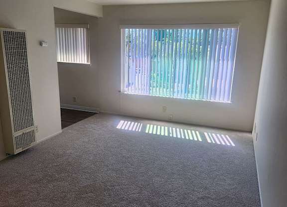 A room with a carpeted floor and a window with blinds.