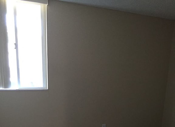 A room with a carpeted floor and a window.