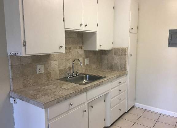 A kitchen with a sink and cabinets.