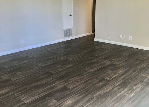 A room with a wooden floor and a white door.