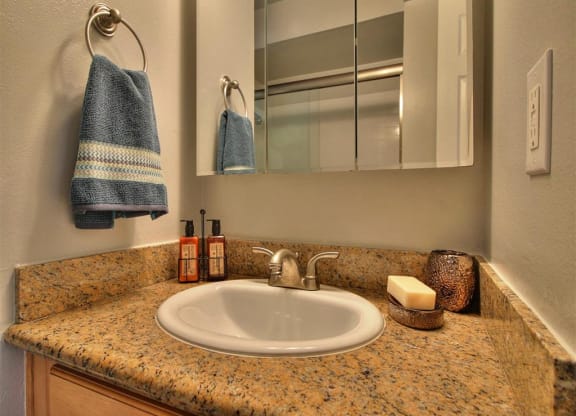 Renovated Bathrooms With Quartz Counters at Maison Massol, Los Gatos, CA