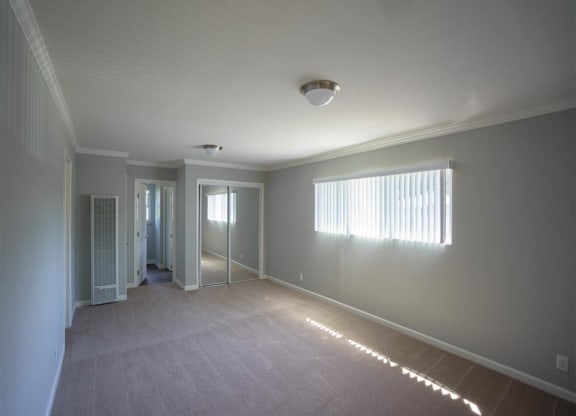 an empty living room with a carpeted floor and a window