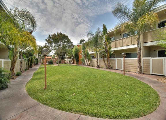 A grassy courtyard surrounded by apartment buildings.