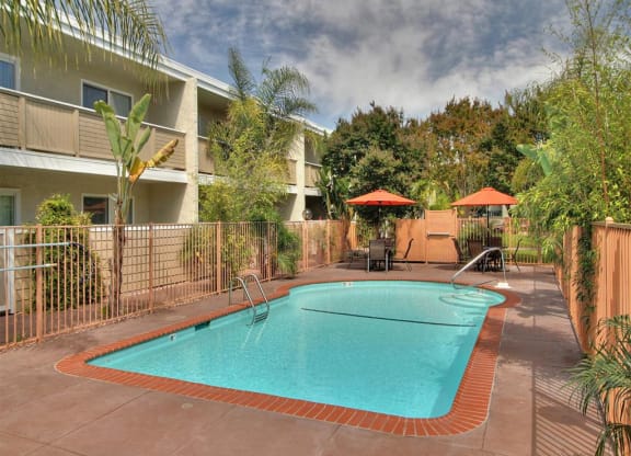 A swimming pool surrounded by a fence and trees.