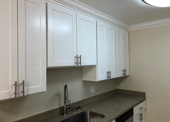A view of the kitchen sink and cabinets