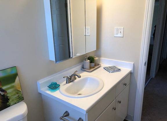 A bathroom with a sink, mirror, and toilet.