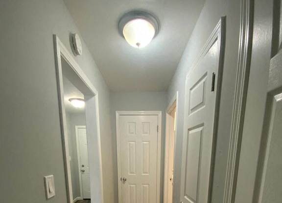 A hallway with white doors and a light on the ceiling.