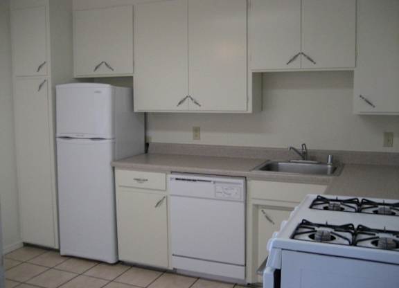 A white kitchen with a white fridge, white dishwasher, and white stove.