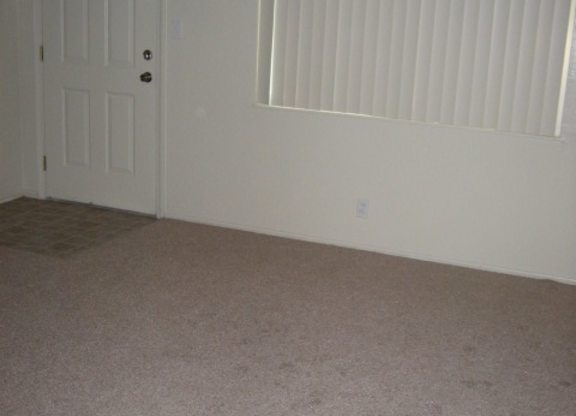 A white door is in a room with a carpet.
