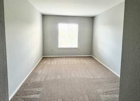 A room with a carpeted floor and a window.