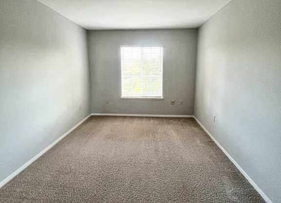 A room with a carpeted floor and a window with blinds.