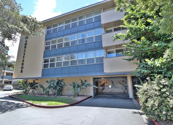 Blue exterior building view at Ambassador, San Mateo, 94401