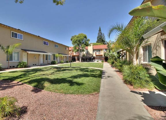 Beautiful Courtyard With Walking Paths at Pines, Campbell, CA