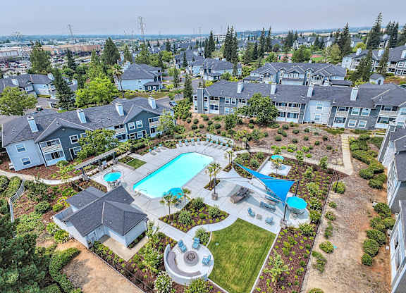 Aerial view of resort style pool and amenities at Rosemeade Apartments, Roseville, CA