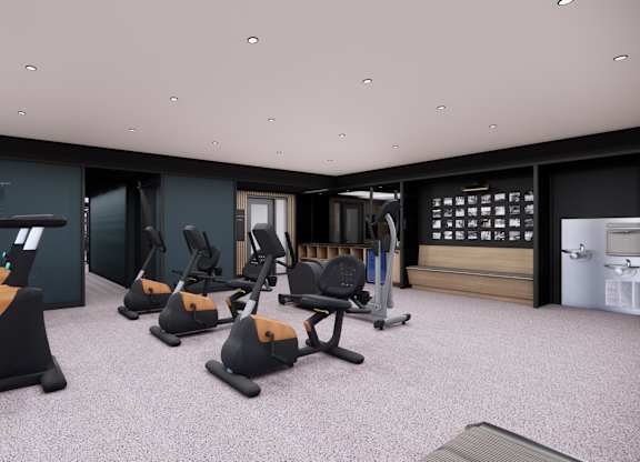 A gym with a variety of equipment including a rowing machine, a bench press, and a squat rack.
