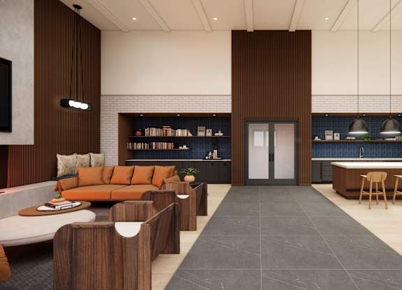 A modern living room with a long wooden table and chairs.