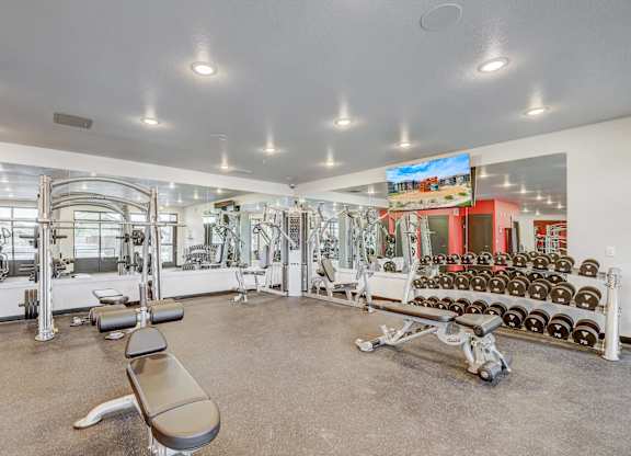 A well-equipped gym with a variety of machines and weightlifting equipment.