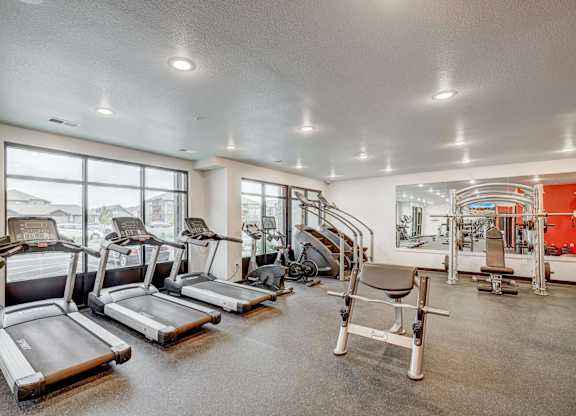 A gym with treadmills, weights, and exercise equipment.