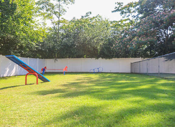 A blue and red slide in a grassy area with trees in the background.