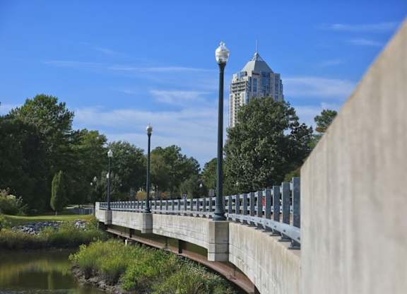 A bridge over a river with a city skyline in the background.