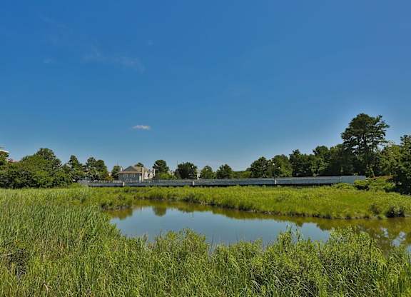 A serene landscape with a house, trees, and a pond.