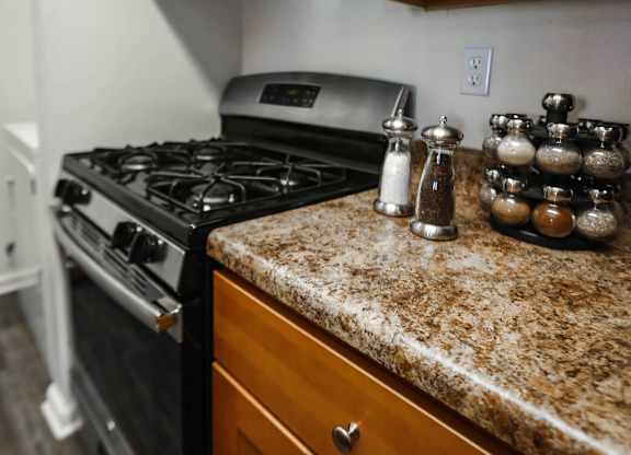 A kitchen counter with a variety of spices on it.