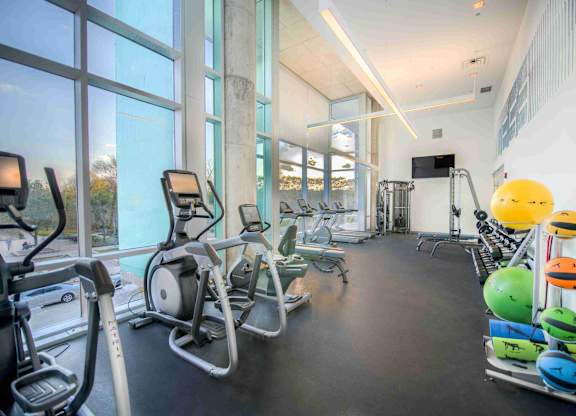 A gym with treadmills, elliptical machines, and exercise balls.