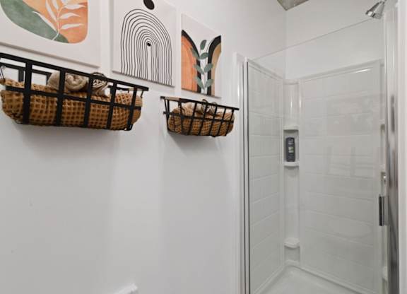 A bathroom with a white wall and a glass door.