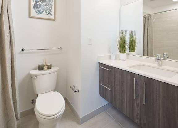 A white toilet sits next to a bathroom sink.