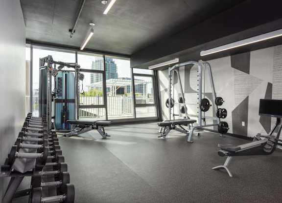 A gym with a row of benches and weights.