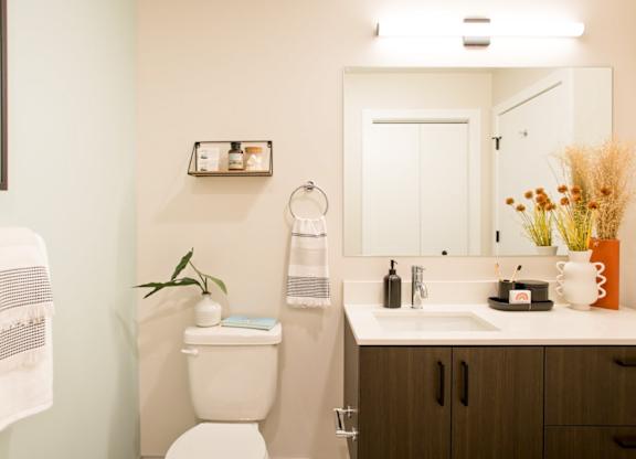 A bathroom with a toilet, sink, and mirror.