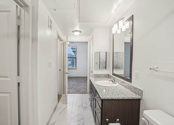 A bathroom with a sink, mirror, and toilet.