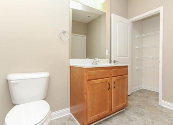 A white toilet sits next to a wooden cabinet with a mirror above it.